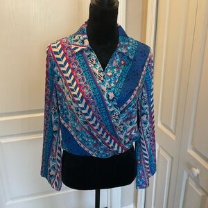 Bunulu Blue Graphic Wrap Blouse with Notched Collar.